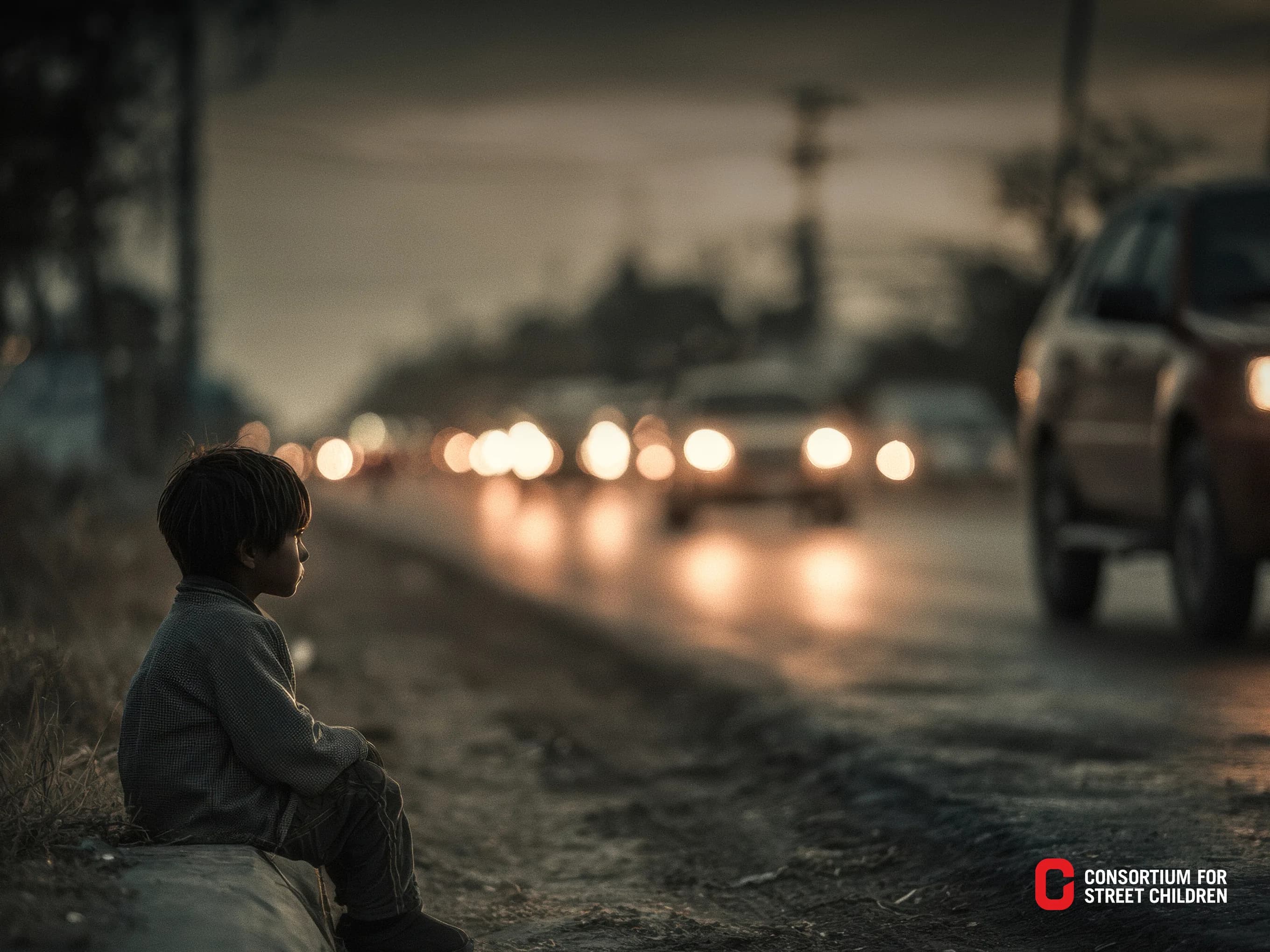 A child sitting at the roadside at dusk, watching the traffic, with Legal Atlas answers typed over the scene