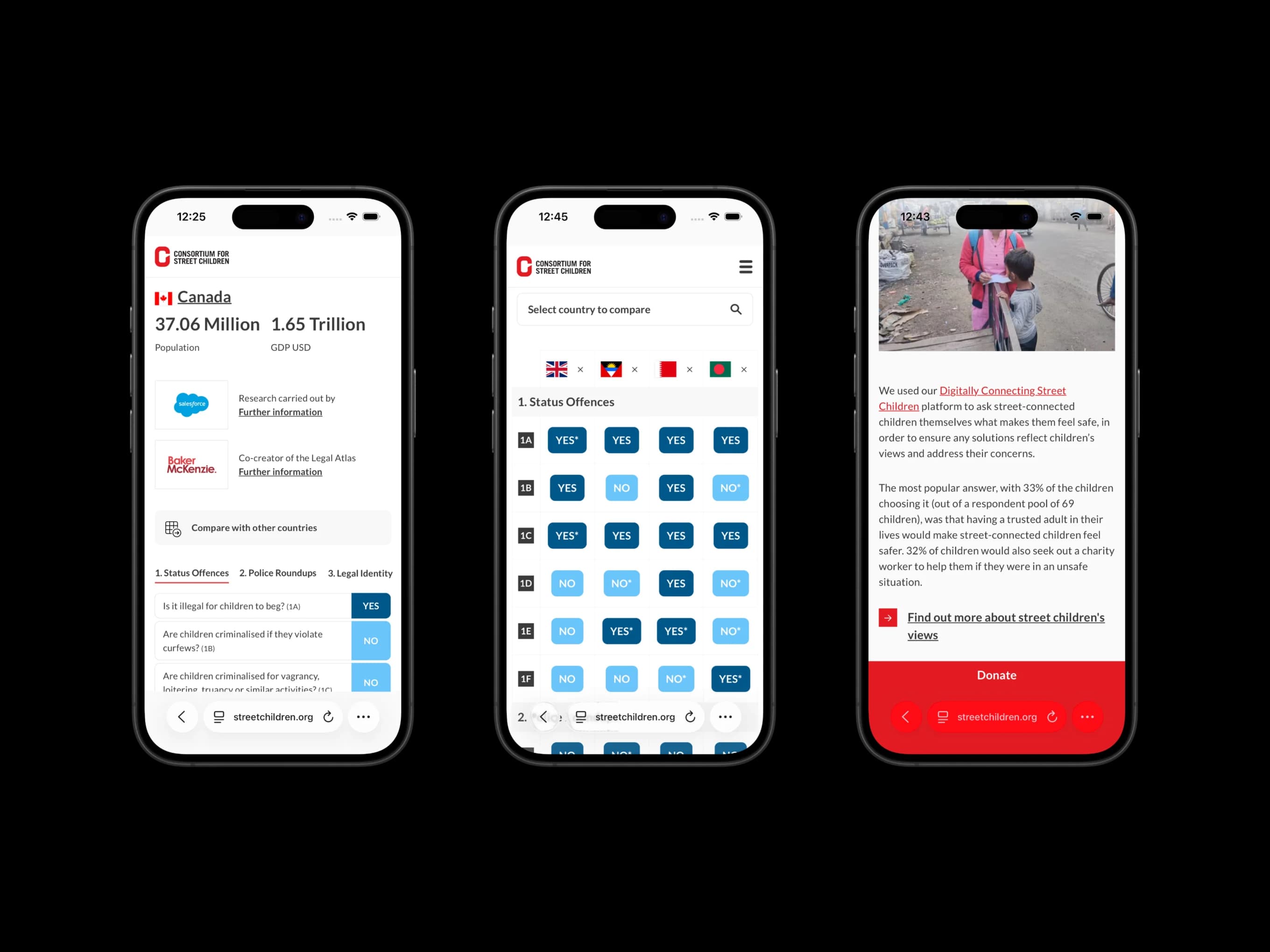 Three phones showing the Legal Atlas: a country page, a comparison, and children's views