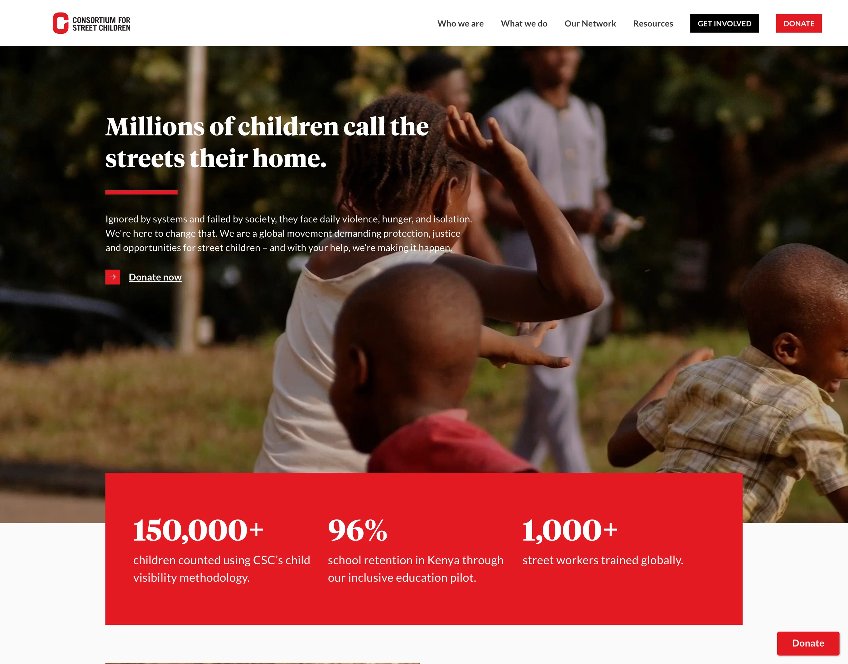 The redesigned streetchildren.org home page