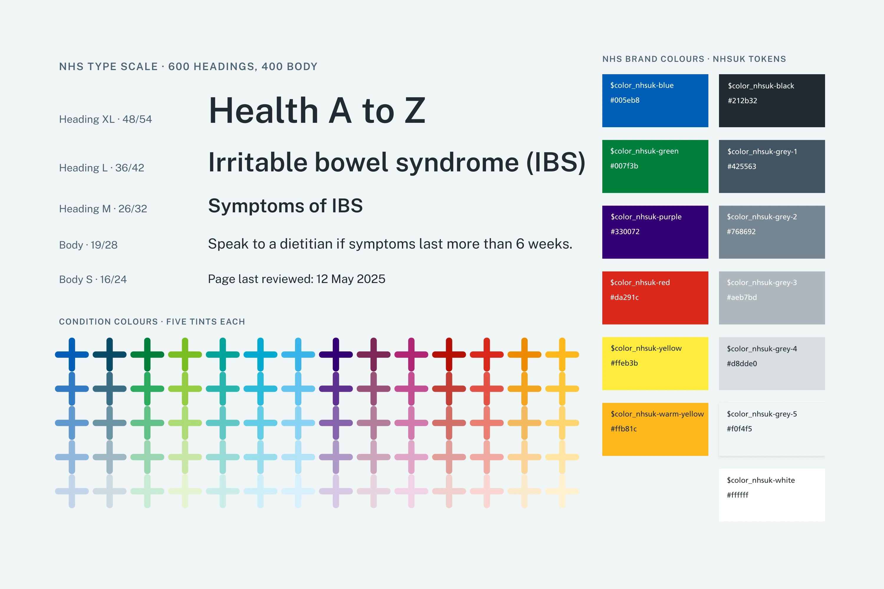 The NHS type scale, from a 48px heading down to 16px small print, beside the 14 Patient Webinars condition colours, each shown as a plus sign in five tints