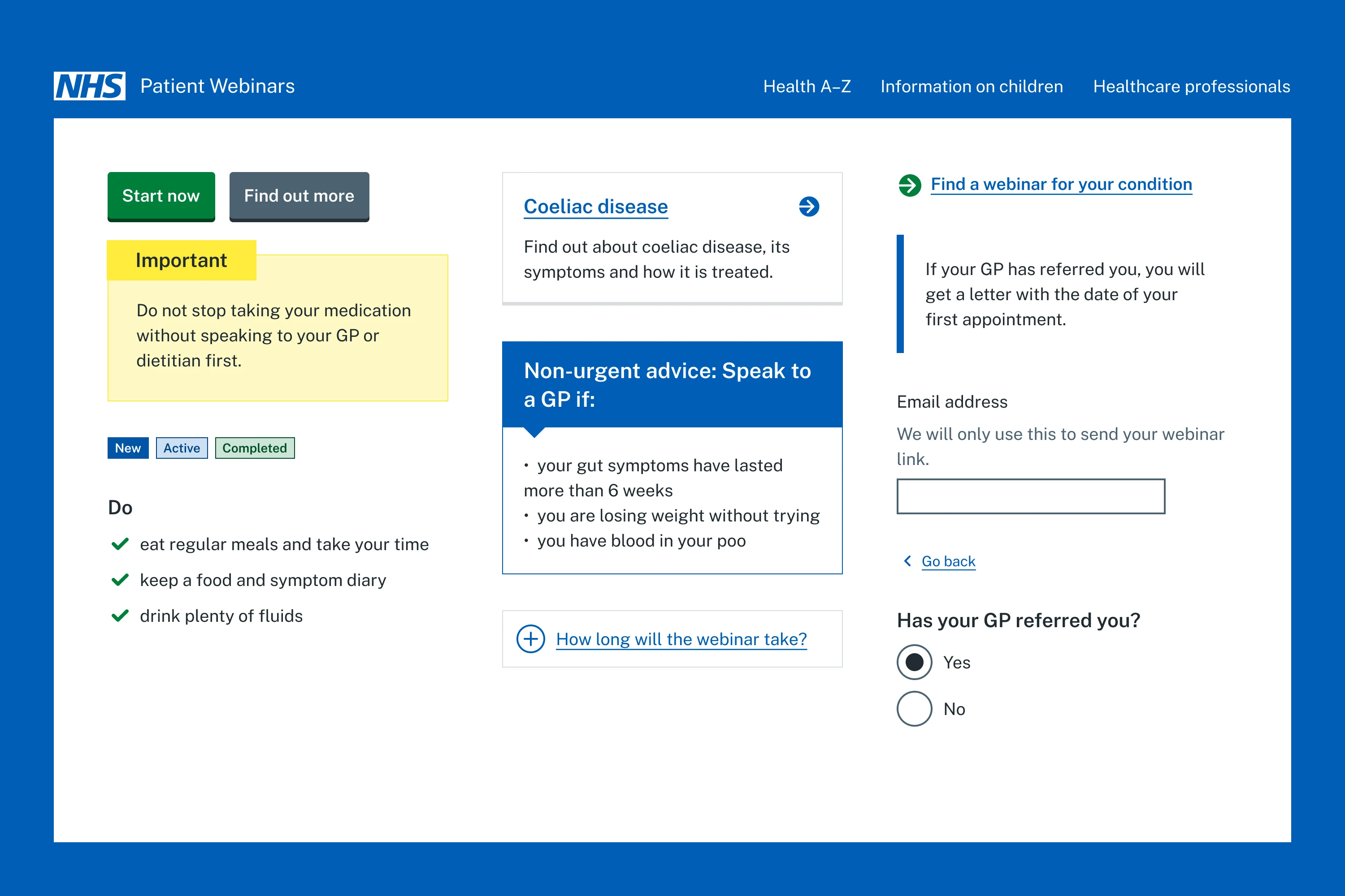 A board of NHS design-system components: header, buttons, warning callout, tags, a card, a care card, action link, inset text, a text input and radios