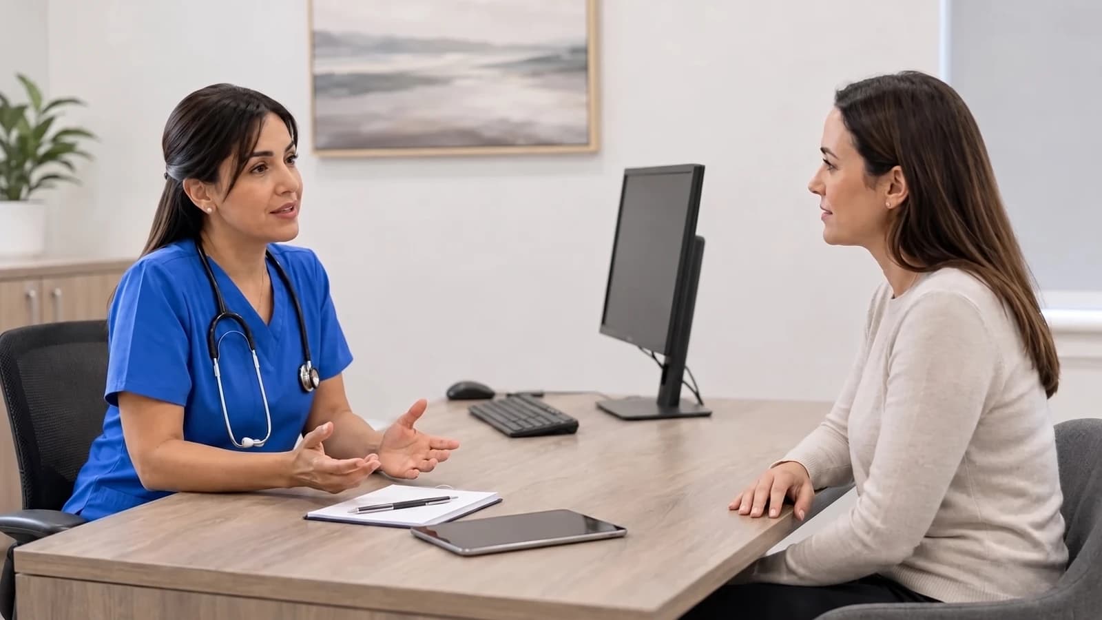 A GP consultation: a clinician in blue scrubs talks with a patient across a desk