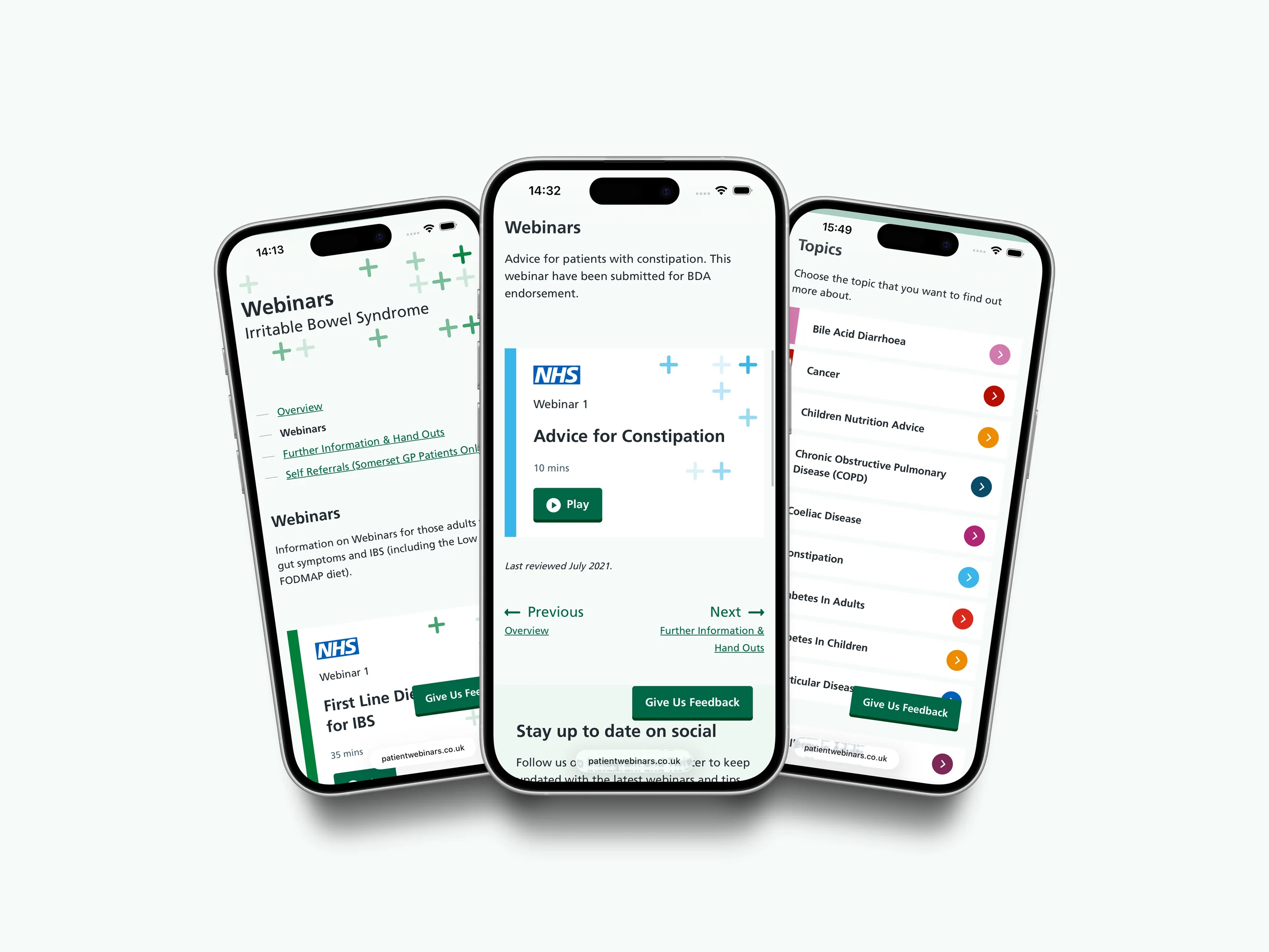 Three phones showing Patient Webinars: the irritable bowel syndrome condition page, a webinar card for advice on constipation, and the colour-coded topics list