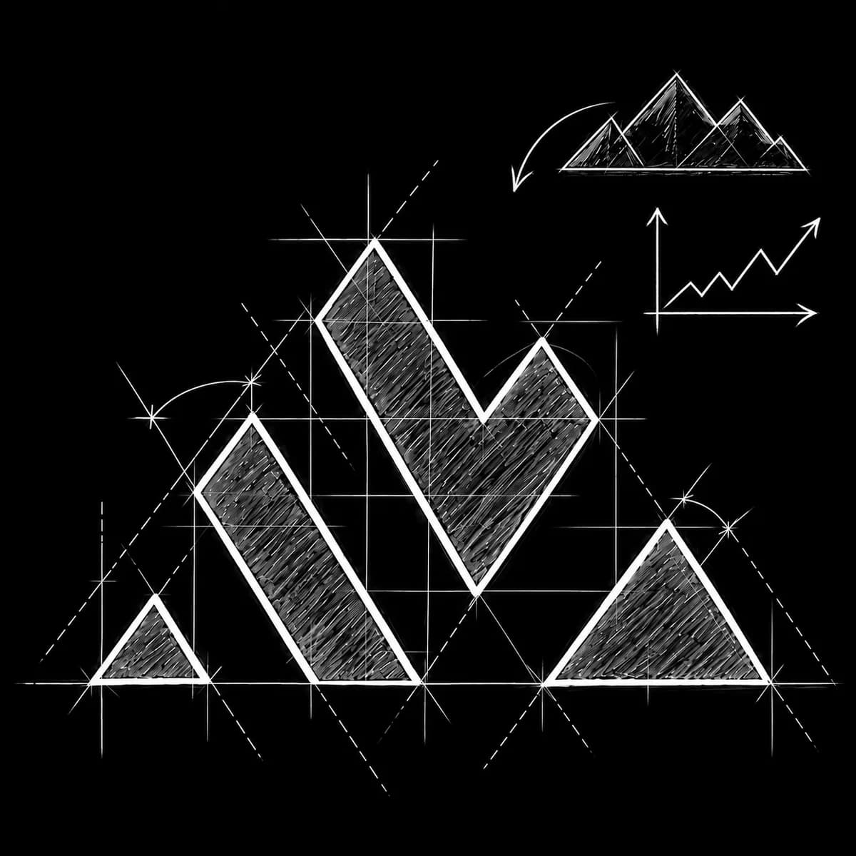 The Snowbridge mark drawn as a pencil construction study: the repeated triangle on its guide grid, white on black, a chart line and a small range sketched beside it